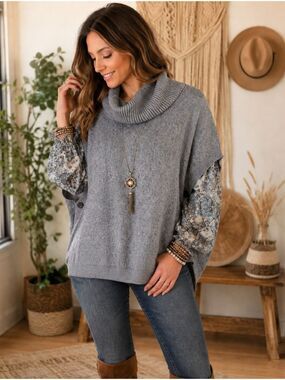 SISTER'S PONCHO COWL NECK SIDE BUTTON GRAY SWEATER OVERSIZED SMALL